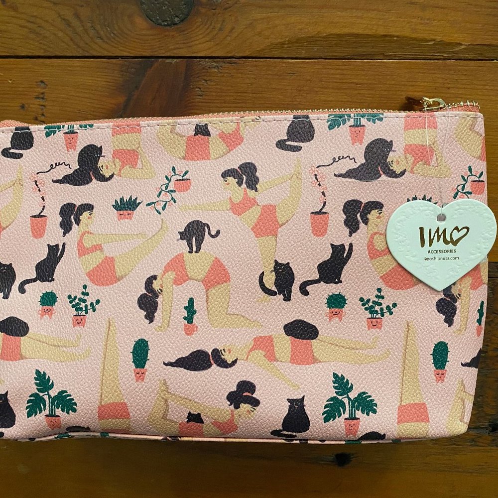 IMOSHION COSMETIC MAKEUP BAG NWT PINK WITH YOGA POSES, CACTUS & CATS BRAND NEW